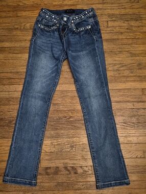 Miss Me Dark Blue Straight Leg Jeans with Stud Accents